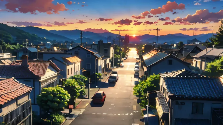 sunset、Rural townscape、shinkai makoto