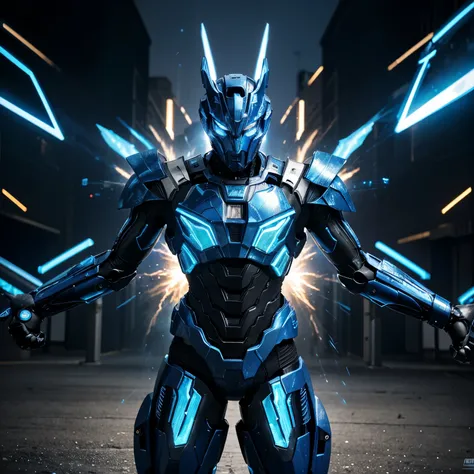 Transformers prime arcce: detailed vibrant blue eyes, shiny metallic body, intricate mechanical parts, dynamic fighting pose, glowing energy effects, intense battle atmosphere, electric sparks, dramatic lighting, high-quality rendering, realistic textures,...