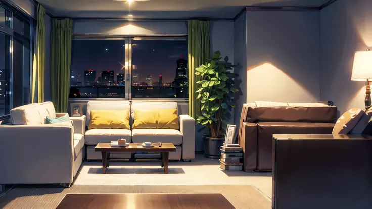 Stylish room、Young man smoking a cigarette、Night Sky、sofa、Bookshelf、Foliage plant、makoto shinkai