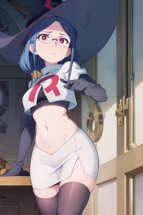 (((pixel-perfect, detail-perfect))), solo, 1girl, ursula callistis, witch, looking at viewer, glasses, team rocket,team rocket uniform,white skirt,red letter R,crop top,black thigh-highs,black elbow gloves, witch hat