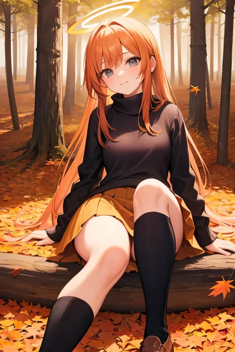 A forest covered with many fallen autumn leaves, a thin round-necked knit and a mini-wrapped skirt, knee socks, motion as if looking up to the sky, looking at the viewer, 24K, high image quality, high definition, a beautiful face like an angel, warm warmth...