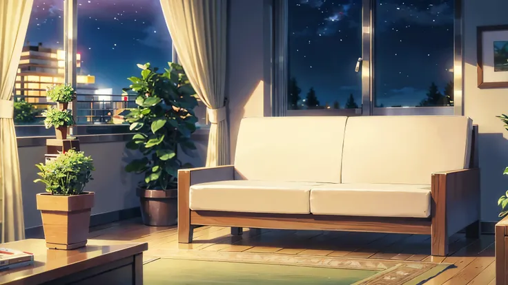 A young man relaxing in his room and listening to music、Night Sky、sofa、Bookshelf、Foliage plant、makoto shinkai