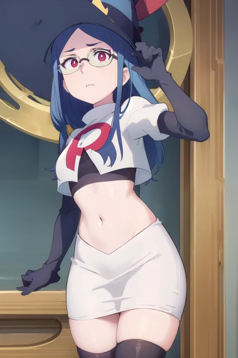 (((pixel-perfect, detail-perfect))), solo, 1girl, ursula callistis, witch, looking at viewer, glasses, team rocket,team rocket uniform,white skirt,red letter R,crop top,black thigh-highs,black elbow gloves, witch hat