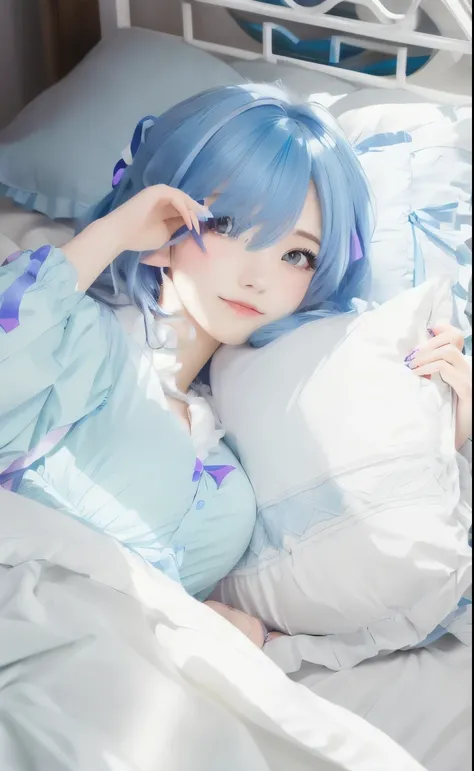 Anime girl lying in bed with pillow and pillowcase, I deny that, Cute girl anime visuals, Anime Moe Art Style, sayori, 短いBlue Hair女性,  In a dress, Top rated on pixiv, Hololive, rei hiroe, 8k!!, mikudayo, Popular on pixiv, Beautiful and detailed anime art, ...