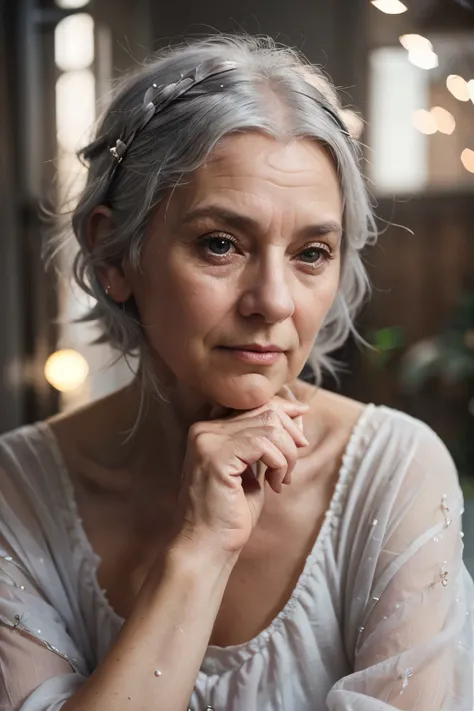 Inspiration for Agnes Cecil, Old woman with gray hair, white hair, wrinkles, luminous design, drops of pastelconk, autumn lights, she has her arms crossed and her hand on her chin