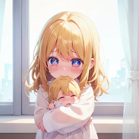 1 baby girl,Medium hair, Crying, hysterical, tears coming out, behind the window,wavy hair, blonde hair, super cute, baby, 5 years old, wearing white pajamas,,ultra detail,ultra HD, masterpiece 