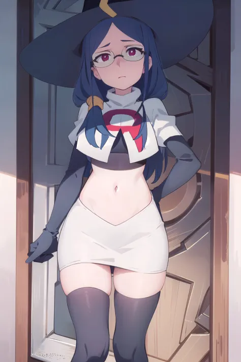 (((pixel-perfect, detail-perfect))), solo, 1girl, ursula callistis, witch, looking at viewer, glasses, team rocket,team rocket uniform,white skirt,red letter R,crop top,black thigh-highs,black elbow gloves, witch hat