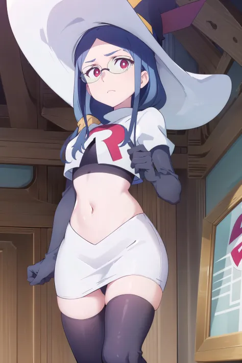 (((pixel-perfect, detail-perfect))), solo, 1girl, ursula callistis, witch, looking at viewer, glasses, team rocket,team rocket uniform,white skirt,red letter R,crop top,black thigh-highs,black elbow gloves, witch hat