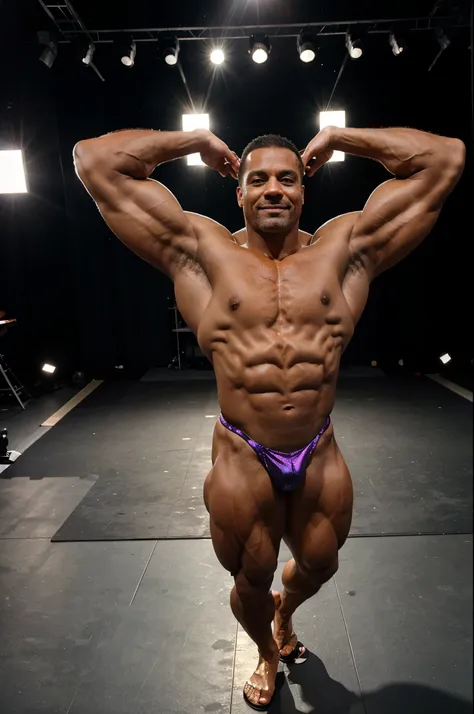 male bodybuilder posing in stage, shiny posers. 45 years old