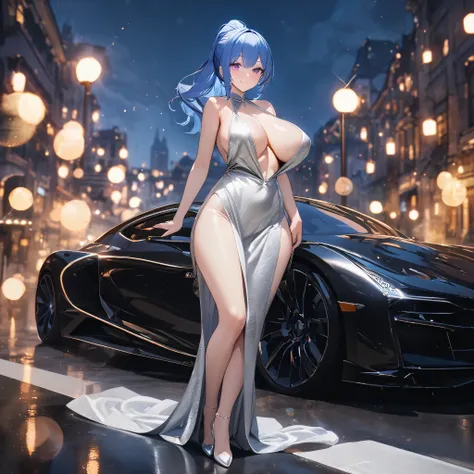 A woman wearing a silver dress, big breasts, blue hair, ponytail hair, purple eyes, next to a black luxury car (just a car), on a wide track with a view of buildings in the background, smiling, lighting in the spot, bokeh effect, silver heel, full body,atm...