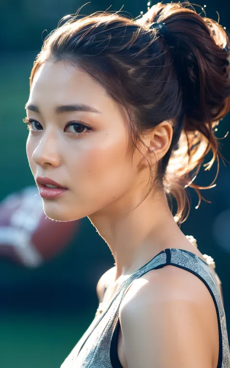 HASSELBLAD CAMERA, Original Photography, (real: 1.3), Twisted (Beautiful and glamorous: 1.4), Ponytail, (detail: 1.2), 8K Ultra HD, (football: 1.4), Beautiful Japanese women, muscle