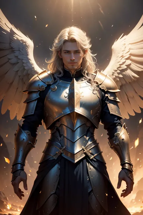 ((Best quality)), ((masterpiece)), ((realistic cartoon)), ((perfect character)), ((portrait)): Angelic Male crusader,heavy armor, flag. The scene is set in a thematically rich environment. The lighting, crafted with a cinematic touch, emphasizing aura surr...