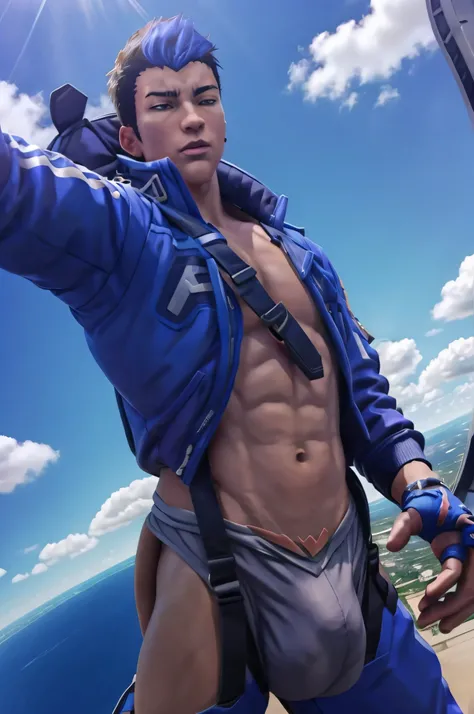 1 guy, yoru valorant, shirtless, fully shirtless, sky diving alone, bulge, parachute, harness, bulge, 5 fingers