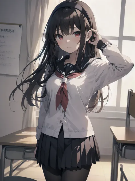 an anime girl standing in an empty room with a phone to her ear, 1girl, solo, , pantyhose, skirt, indoors, hairband, long hair, kasumigaoka utaha, looking at viewer, black hair, red eyes, breasts, blush, pleated skirt, black pantyhose, classroom, white hai...