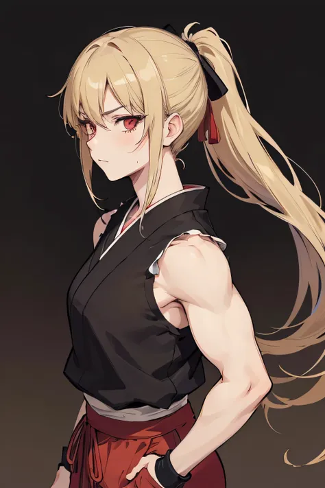 taisho period japanese woman, grunge, ominous, dark background, really buff woman, tomboy, ponytail, blonde, baki hanma, baki th...