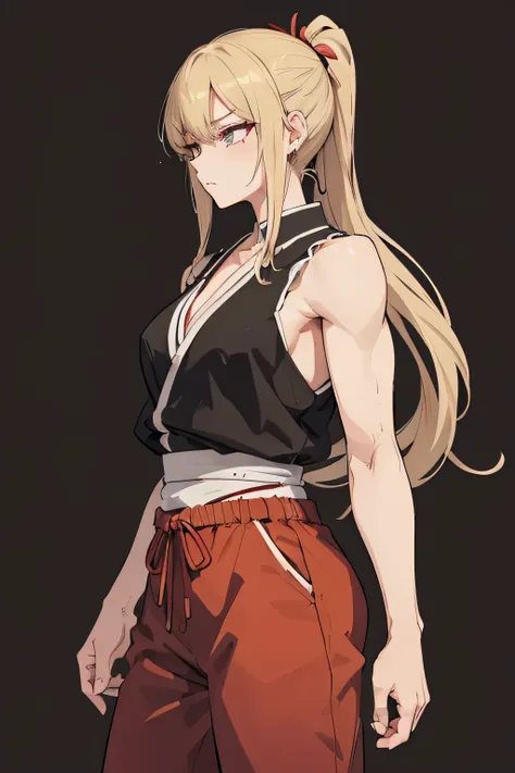 taisho period japanese woman, grunge, ominous, dark background, really buff woman, tomboy, ponytail, blonde, baki hanma, baki th...