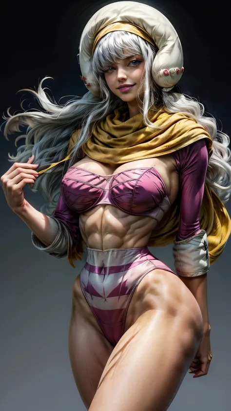 masterpiece, best quality, 1girl, charlottesmoothie, white hair, long hair, blue eyes, hair over one eye, floating hair, helmet, pink leotard, yellow scarf, closeup, smile, looking at viewer, sketch, simple background, Large breasts, thick thighs, muscular...