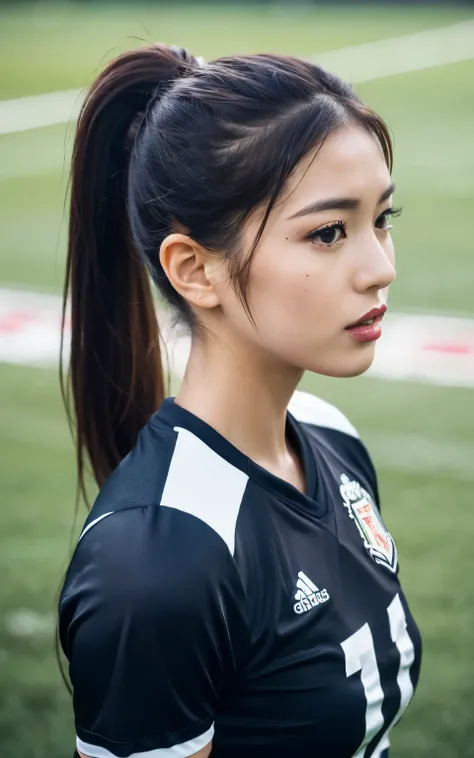 HASSELBLAD CAMERA, Original Photography, (real: 1.3), Twisted (Beautiful and glamorous: 1.4), Ponytail, (detail: 1.2), 8K Ultra HD, (football: 1.4), Beautiful Japanese women, muscle