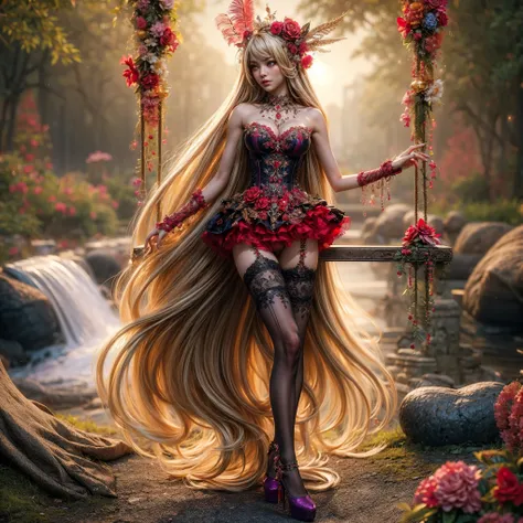 An asian woman with loose hair, standing on the stairs in the middle of a magical atmosphere, with a predominantly blue and red costume, a strapless corset-style dress decorated with bright purple jewels, a short tutu skirt, black thigh-high stockings with...