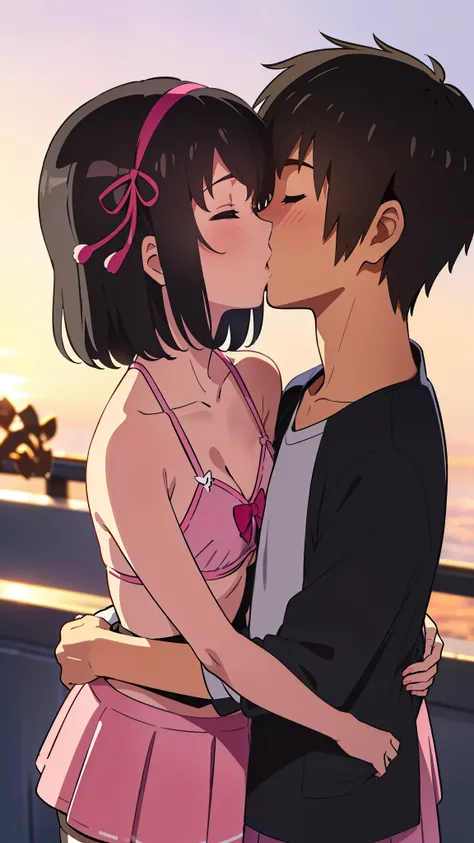 shinkai makoto, kimi no na wa., 1girl, 1boy, bangs, black hair, short hair, blush, (boy wear casual clothes, pants), ((girl wear idol clothes, collarbone, red headband, red ribbon, bow hair ornaments, pink dress, pink bikini, pink skirt, short skirt, Off-t...