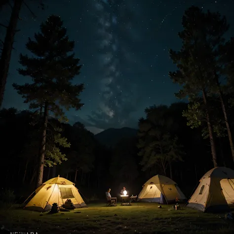 Genera una portada para una novela sobre un campamento y varios chicos, que se vea misterioso de noche y mirando hacia el frente