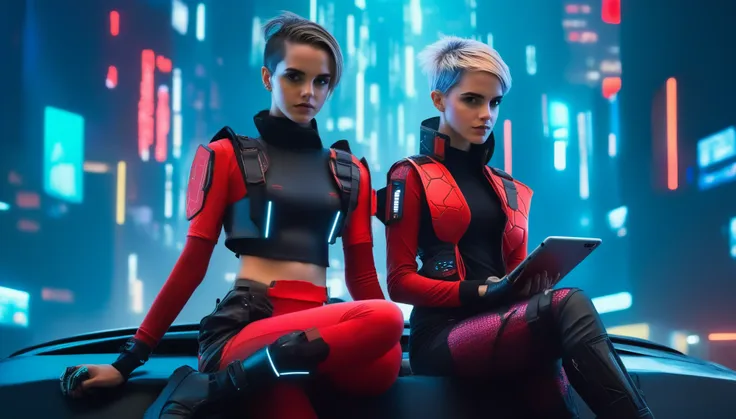 two young female hackers sitting on the hood of an apc in a cyberpunk metropolis suburbia facing the viewer, right arm resting o...