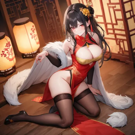 A woman wearing red Chinese costume with gold details, large breasts exposed, thighs exposed, womens long brown stockings, long black hair, red eyes, white fur cape, golden bow on her head, golden flower in her hair, smiling, walking in a Chinese palace tr...