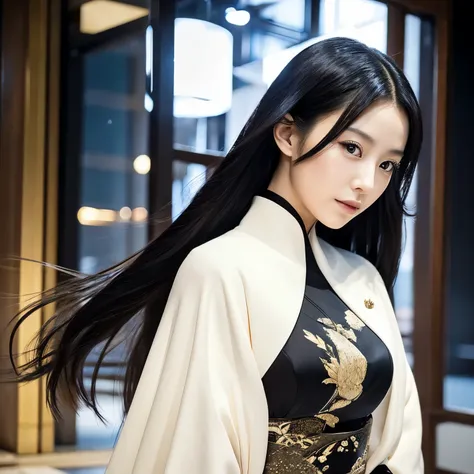 A beautiful AI woman with long flowing black hair and captivating eyes。She is Japan and、With elegance and intelligence。They wear modern, sophisticated clothing that incorporates traditional Japanese elements.。The background is futuristic、It combines ancien...