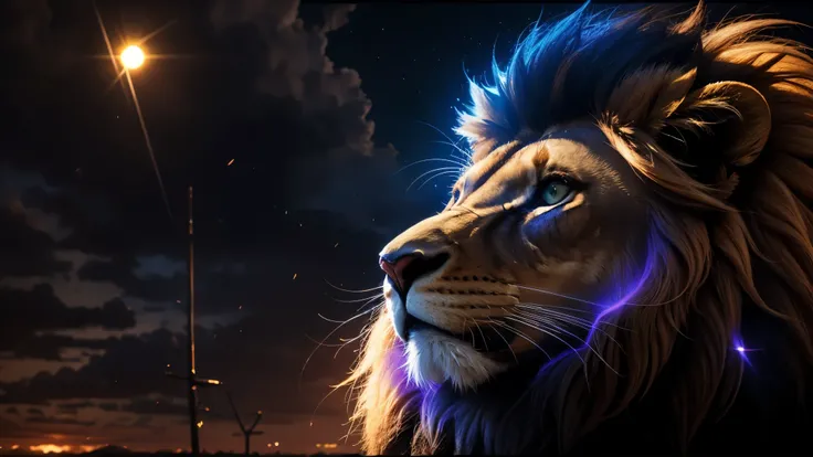 lion, Divine lion, naturais, Natureza, Natureza, heavens, Celestial, Sky Night, Beauty Sky, Noite, Majestic, Majestic Lion, Majestic Sky, Naturalmente Elegante, Linda, Rendering, Fotorrealista, UltraHigh definition, 4K, texturasdetalhadas, Thunder, sombras...