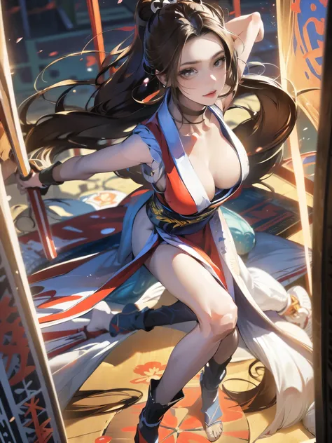 mai shiranui, Brown eyes, The whole body is reflected,Toes are visible,  Standing, Full body, Prestige, Long hair, Brown hair, White ribbon, Sleeveless, poneyTail, sash, pelvis curtain, arm guards, mitts, tabi, fascinated expression, Sexy eyes, medium brea...