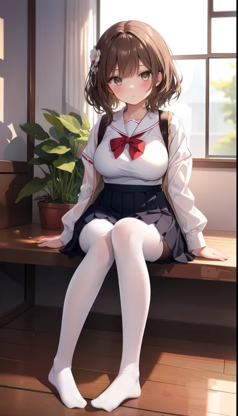 one girl、positive、configuration from below、full body portrait、brown haired、medium haircut、blush、absolute area、knee socks、knee-le...