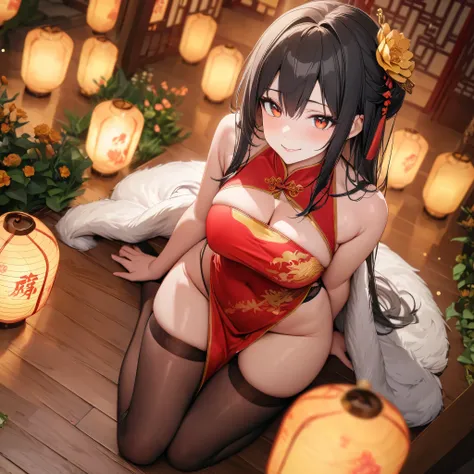 A woman wearing red Chinese costume with golden details, large breasts exposed, thighs exposed, womens long brown stockings, long black hair, red eyes, white fur cape, golden bow on her head, golden flower in her hair, smiling, walking in a garden traditio...