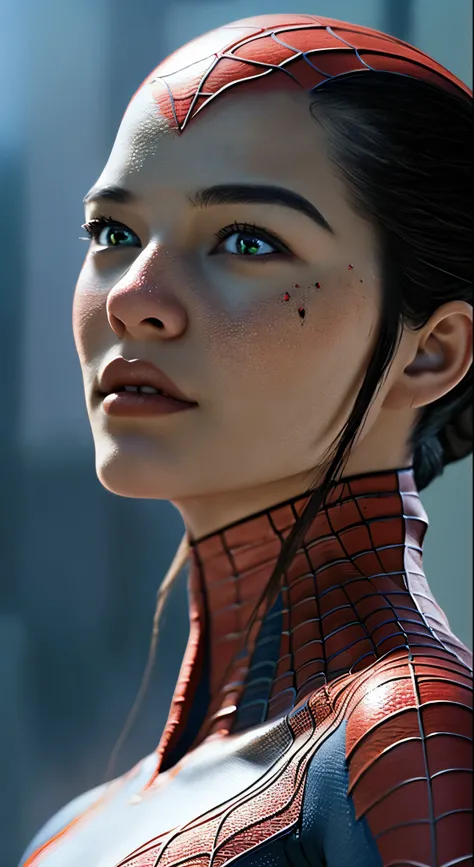 Close-up photo portrait of a female spiderman, Atmospheric scenery, masterpiece, highest quality, (Beautiful face in every detail, Skin texture details, Super-detailed body:1.1),