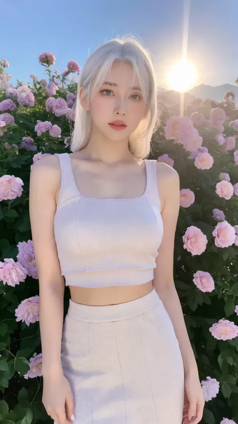 realistic, 1girl, white hair, purple eyes, glowing eyes, crop top, skirt, parted lips, blush, night, flowers, sun, sunlight,full-body picture