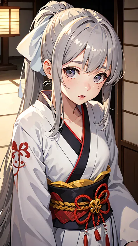 highest quality、Realistic、girl、Japanese、zoom、cute、Gray Eyes、Chestnut Hair、ponytail、White kimono、Japanese clothing、Face close-up、thin、Small breasts、freckles