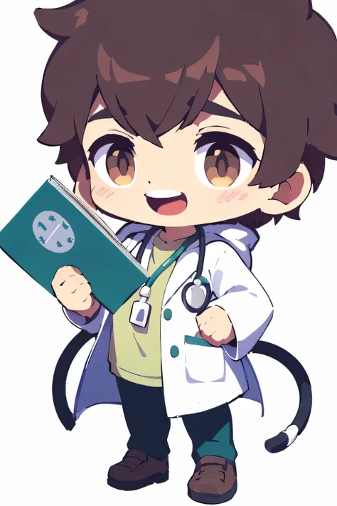 ((best quality)), ((masterpiece)), (detailed), Perfect face，A male doctor，Brown hair，Partial bangs，Brown eyes，With a stethoscope in his hand，Wearing a white coat，happy，full-body shot，Hair intact，cute，Cartoon，Background with some green leafy plants in the w...