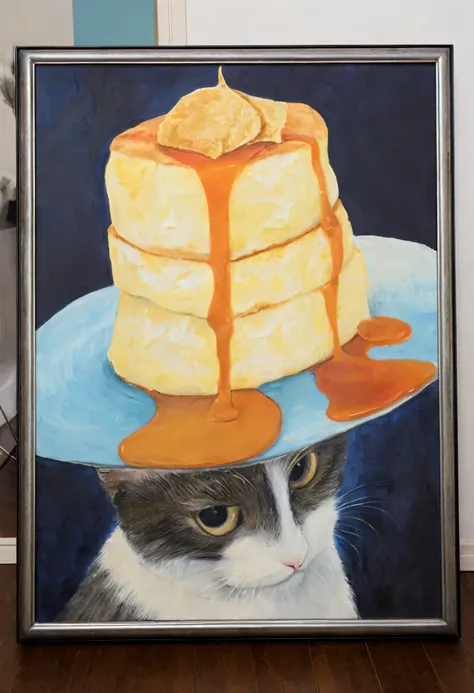 Cat Painting with a plate of pancakes, Inspired by Karel Fabritius, Cat in the hat, Very humorous oil painting, Cat Painting, Inspired by Johannes Fabritius, Cat masterpiece, Highly detailed oil painting, in Cat Painting, Cat oil painting, Cat oil painting...