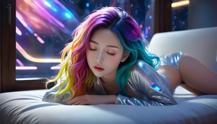 (best quality,8k,ultra-detailed:1.2),(CG,CG art,3D rendering),(masterpiece:1.2),（Crawling on the table），（Sexy clothing），(movie lighting,futuristic),(woman lying in bed,sleeping,closed eyes),(large window behind her,tranquil night),(colorful hair:1.5)