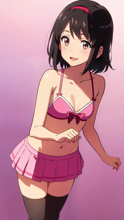 shinkai makoto, kimi no na wa., 1girl, bangs, black hair, blush, brown eyes, idol, idol clothes, collarbone, red headband, red ribbon, bow hair ornaments, pink bikini, pink skirt, short skirt, medium breats, black thighhighs, short hair, smile, cute, solo,...