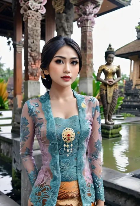 Illustrate a beautiful girl close up dressed in kebaya, set against the backdrop of a Balinese temple. Ensure that the image is photorealistic and of top-quality 8K HDR, capturing every intricate detail of the scene.,kebaya,kebaya indonesia,p3rfect ,cleava...