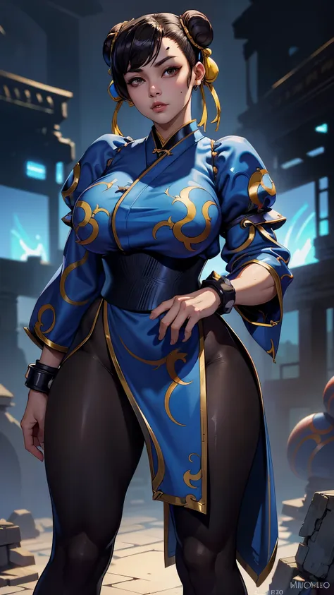 chun li con un vestido azul  posando para una foto,,(fondo de ruinas de mazmorra en ruinas tokio cyberpunk :1.4 ), hermosa joven...