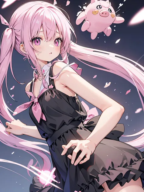 pink pig tail hair,pink eye,anime girl,black dress