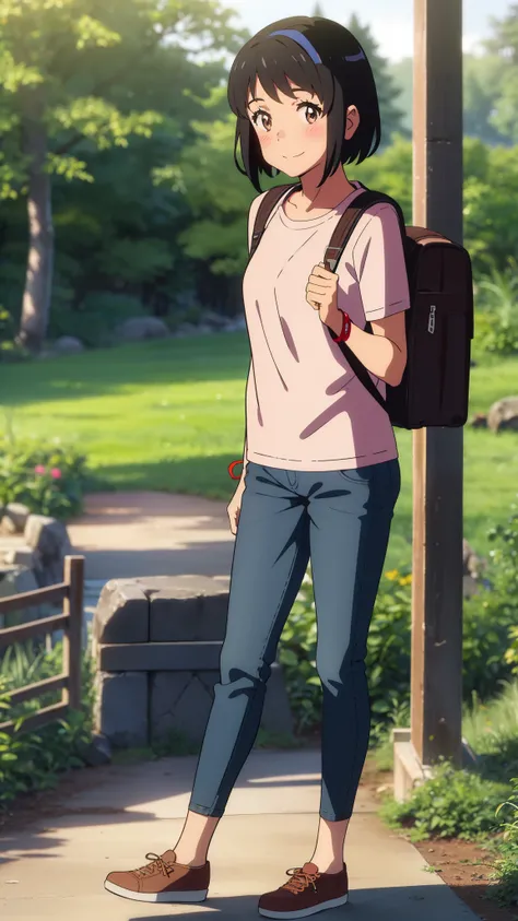 shinkai makoto, kimi no na wa., 1girl, bangs, black hair, blush, bright eyes, brown eyes, red headband, red ribbon, bracelet, short hair, cute, beautiful, shinny skin, looking at viewer, smile, cute, solo, casual shirt, t-shirt, pants, plaid pants, outdoor...