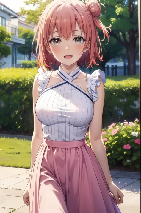 yuiyuigahama, yui yuigahama, short hair, (Brown eyes:1.5), (Pink Hair:1.2), Hair Bun, single Hair Bun, smile, (Big Breasts:1.2),happy smile, smile, Open your mouth,
, Sleeveless pink dress,Pink long skirt,Cute Sandals,walking,Real Summer,Daytime,sunny,whol...
