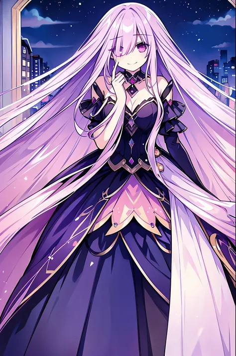 Masterpiece, best quality, 1girl, finely detailed, deep lilac hair, long and straight hair that cover one eye, pink eyes, mocking smile, clothes: evening dress, roses in her hair