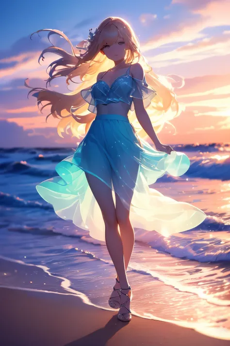 masterpiece, high quality, Movie stills, One person girl,Blonde,night,night空, Floating in the sky, Cloud Girl, cloud, (Cleavage close-up: 1.1), colorful, Transparent body,Shine,Full Body Lesbian,Green Skirt,Blue Skirt,Transparent clothes