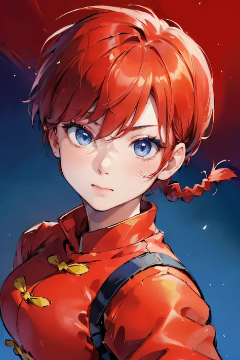 ((masterpiece:1.4)), high quality, very_high_resolution, large_filesize, full color, heavy outline, clear outline, colorful, (beautiful detailed eyes), ((beautiful face:1.0)), ((boyish face:1.4)), 1 girl, (femaleranma), (red hair), short hair, (braided pon...