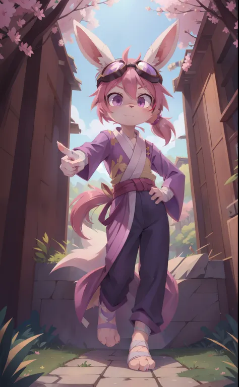 Furry shota, young, rabbit, long rabbit ears, pink hair, long spiky ponytail, spiky hair, detailed body fur, Pink eyes, ((purple kimono, hakama pants, goggles, bandages)), looking at you, white body fur, detailed face, big eyebrows, detailed eyes, detailed...