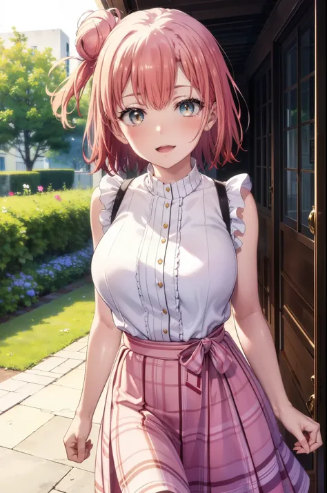 yuiyuigahama, yui yuigahama, short hair, (Brown eyes:1.5), (Pink Hair:1.2), Hair Bun, single Hair Bun, smile, (Big Breasts:1.2),happy smile, smile, Open your mouth,
, Sleeveless pink dress,Pink long skirt,Cute Sandals,walking,Real Summer,Daytime,sunny,whol...