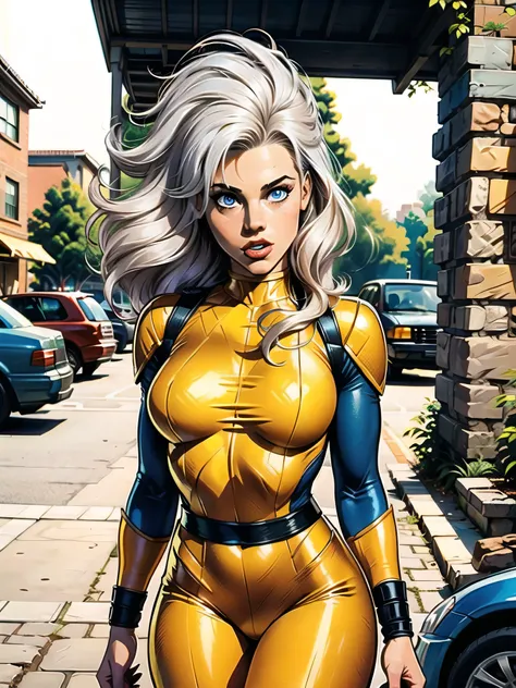 a woman, white hair, hair with bangs, 90's x-men uniform, outside, marvel art style, comic, blue eyes, some freckles, dark yello...